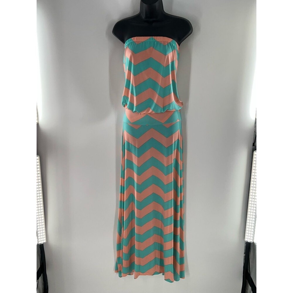 Loila Sleeveless Chevron Summer Maxi Tub Style Dress in Peach and Teal-Size S